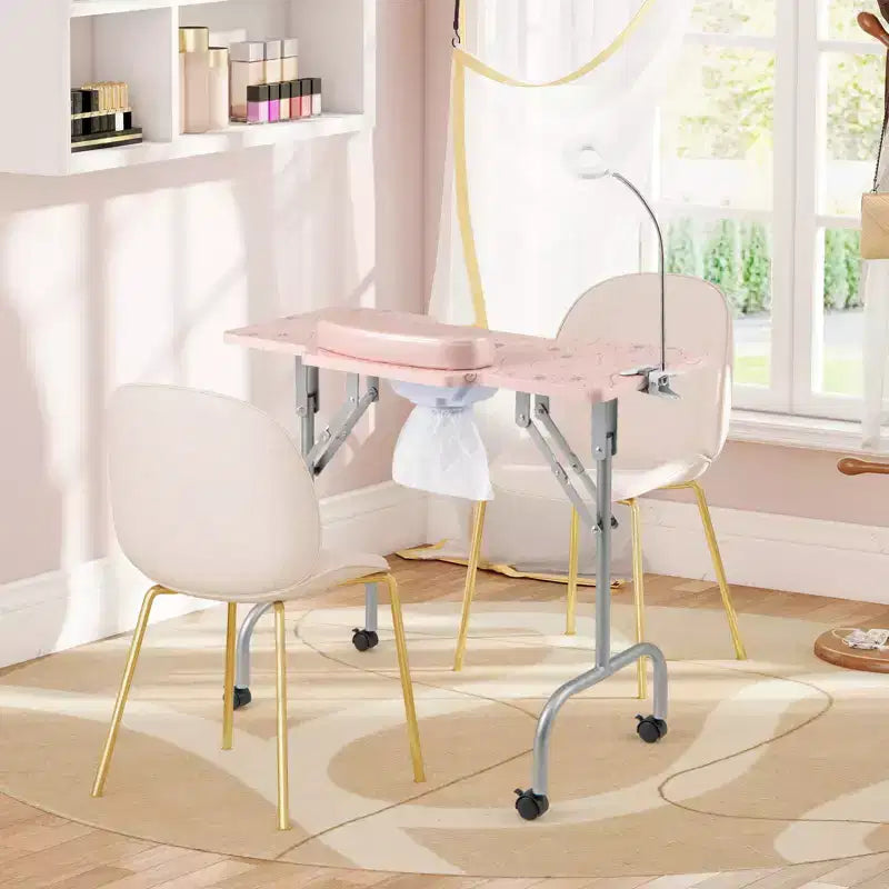 Table de manucure pliable avec aspirateur de poussière électrique, lampe LED et sac de transport, rose