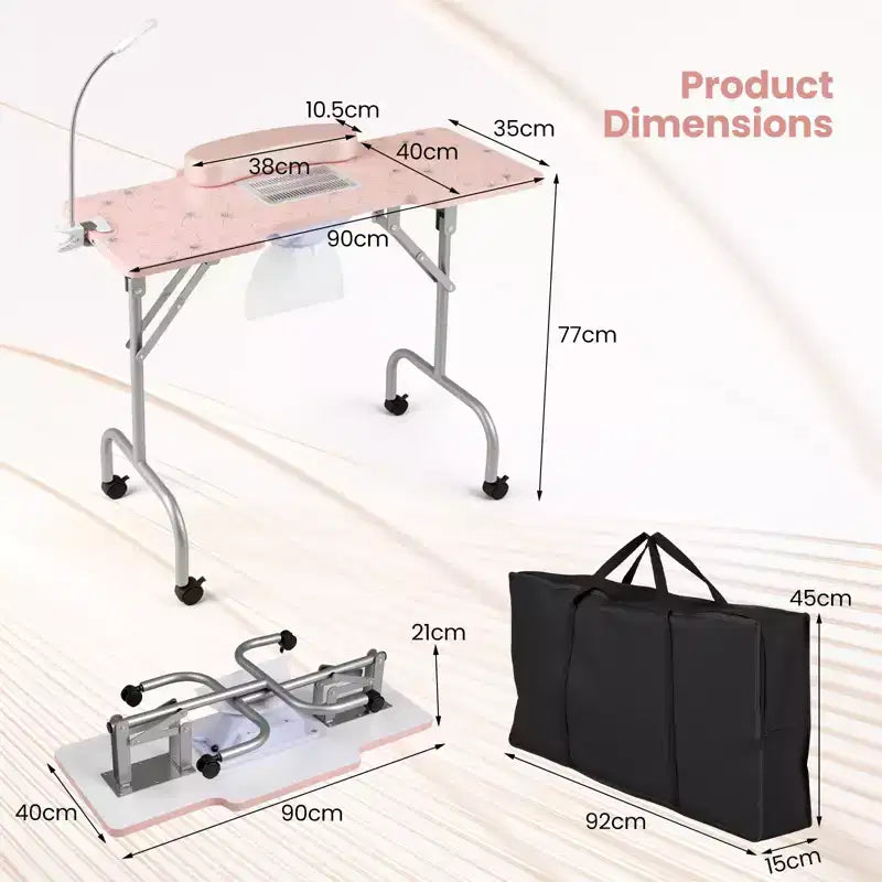 Table de manucure pliable avec aspirateur de poussière électrique, lampe LED et sac de transport, rose