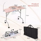 Table de manucure pliable avec aspirateur de poussière électrique, lampe LED et sac de transport, rose