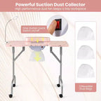 Table de manucure pliable avec aspirateur de poussière électrique, lampe LED et sac de transport, rose