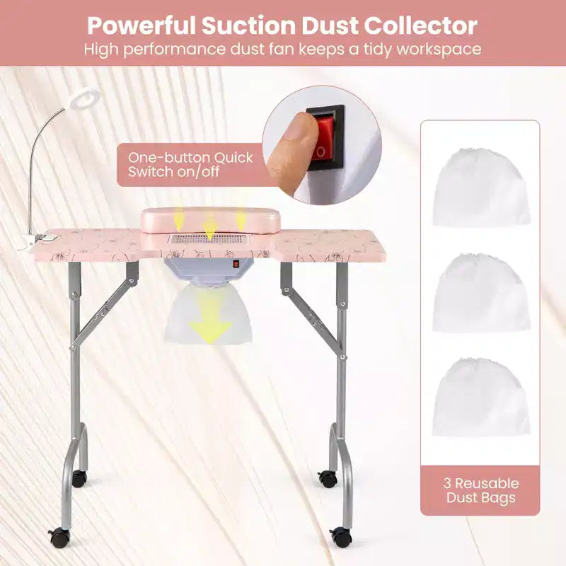 Table de manucure pliable avec aspirateur de poussière électrique, lampe LED et sac de transport, rose