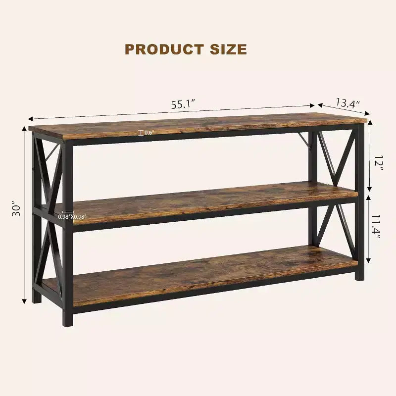 Console industrielle de 47 pouces avec 3 étagères ouvertes, longue table d'entrée et de canapé, étagère de rangement étroite pour couloir, salon, chambre à coucher