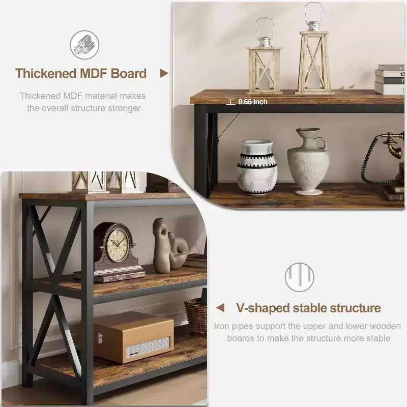 Console industrielle de 47 pouces avec 3 étagères ouvertes, longue table d'entrée et de canapé, étagère de rangement étroite pour couloir, salon, chambre à coucher