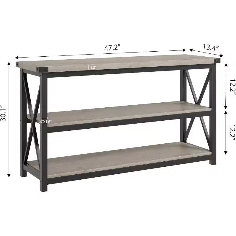 Console industrielle de 47 pouces avec 3 étagères ouvertes, longue table d'entrée et de canapé, étagère de rangement étroite pour couloir, salon, chambre à coucher