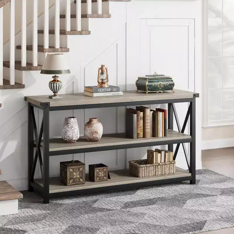 Console industrielle de 47 pouces avec 3 étagères ouvertes, longue table d'entrée et de canapé, étagère de rangement étroite pour couloir, salon, chambre à coucher