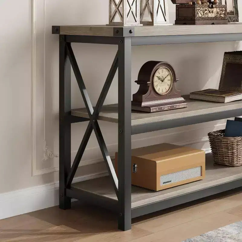 Console industrielle de 47 pouces avec 3 étagères ouvertes, longue table d'entrée et de canapé, étagère de rangement étroite pour couloir, salon, chambre à coucher