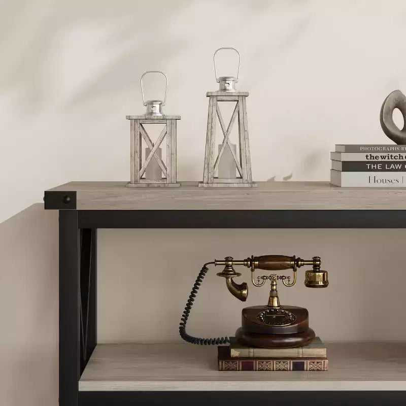 Console industrielle de 47 pouces avec 3 étagères ouvertes, longue table d'entrée et de canapé, étagère de rangement étroite pour couloir, salon, chambre à coucher