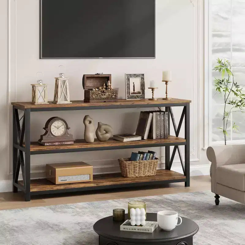 Console industrielle de 47 pouces avec 3 étagères ouvertes, longue table d'entrée et de canapé, étagère de rangement étroite pour couloir, salon, chambre à coucher