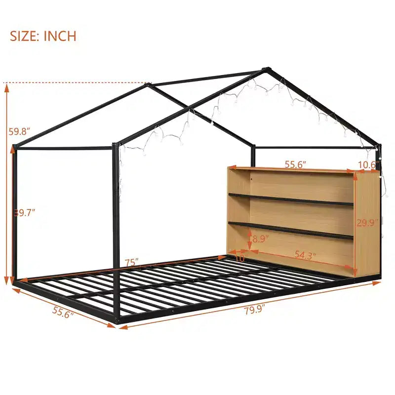 Lit au sol Montessori avec étagère de rangement et lumières LED, lit cabane en métal pour enfants, noir pleine grandeur