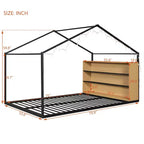 Lit au sol Montessori avec étagère de rangement et lumières LED, lit cabane en métal pour enfants, noir pleine grandeur