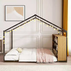 Lit au sol Montessori avec étagère de rangement et lumières LED, lit cabane en métal pour enfants, noir pleine grandeur