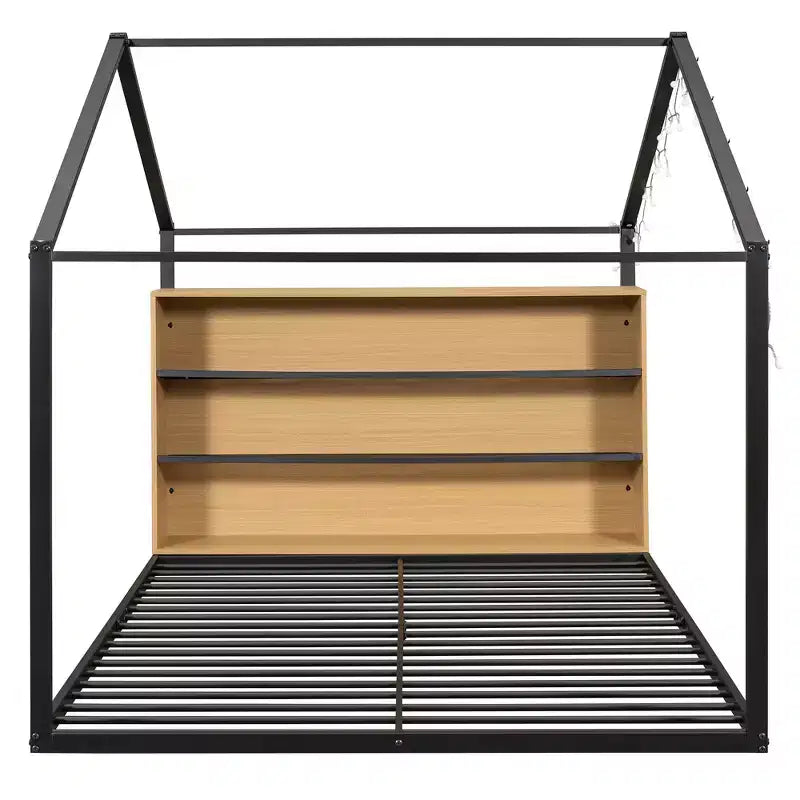 Lit au sol Montessori avec étagère de rangement et lumières LED, lit cabane en métal pour enfants, noir pleine grandeur