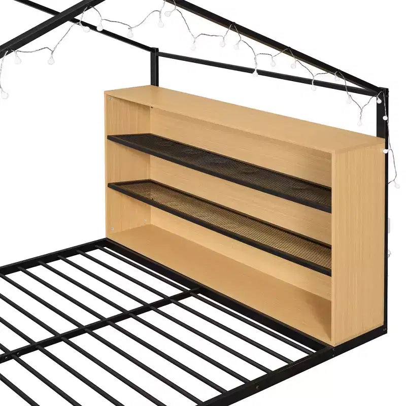 Lit au sol Montessori avec étagère de rangement et lumières LED, lit cabane en métal pour enfants, noir pleine grandeur