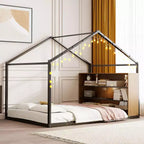 Lit au sol Montessori avec étagère de rangement et lumières LED, lit cabane en métal pour enfants, noir pleine grandeur