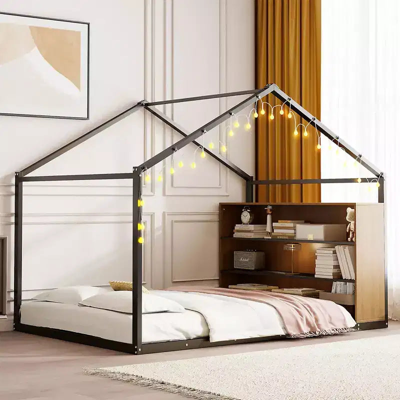 Lit au sol Montessori avec étagère de rangement et lumières LED, lit cabane en métal pour enfants, noir pleine grandeur