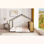 Lit au sol Montessori avec étagère de rangement et lumières LED, lit cabane en métal pour enfants, noir pleine grandeur
