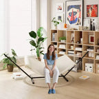 Hamac double avec support en acier peu encombrant, hamac en corde de coton 2 personnes avec oreiller et coussin rembourré, portable pour arrière-cour, patio, jardin
