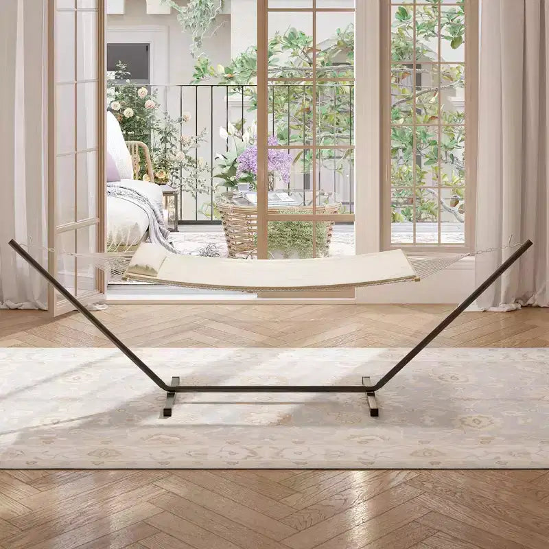 Hamac double avec support en acier peu encombrant, hamac en corde de coton 2 personnes avec oreiller et coussin rembourré, portable pour arrière-cour, patio, jardin