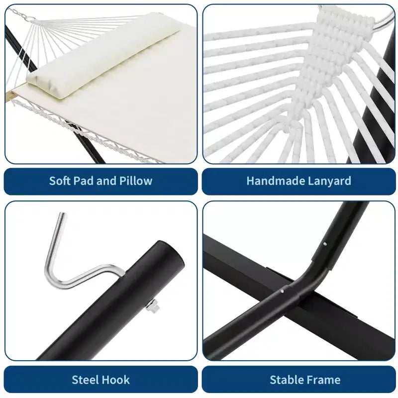 Hamac double avec support en acier peu encombrant, hamac en corde de coton 2 personnes avec oreiller et coussin rembourré, portable pour arrière-cour, patio, jardin