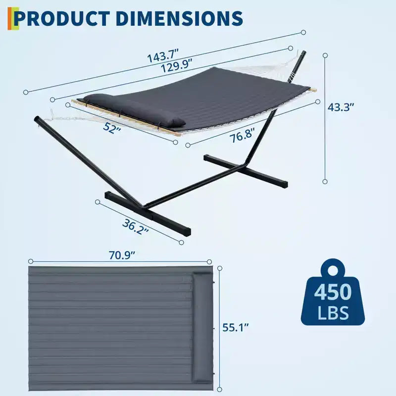 Hamac double avec support en acier peu encombrant, hamac en corde de coton 2 personnes avec oreiller et coussin rembourré, portable pour arrière-cour, patio, jardin
