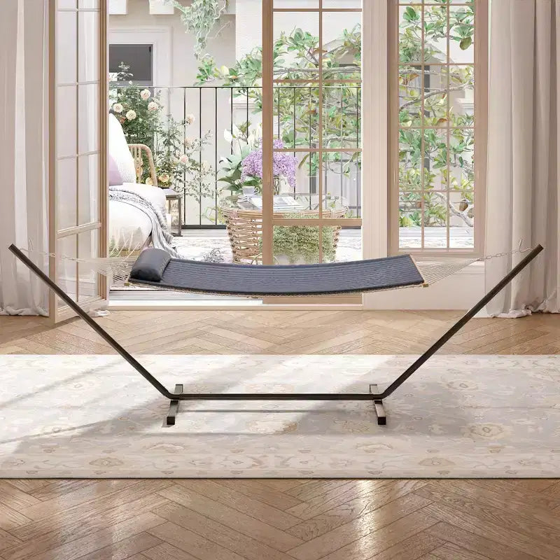 Hamac double avec support en acier peu encombrant, hamac en corde de coton 2 personnes avec oreiller et coussin rembourré, portable pour arrière-cour, patio, jardin