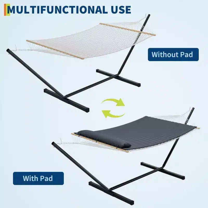 Hamac double avec support en acier peu encombrant, hamac en corde de coton 2 personnes avec oreiller et coussin rembourré, portable pour arrière-cour, patio, jardin