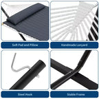 Hamac double avec support en acier peu encombrant, hamac en corde de coton 2 personnes avec oreiller et coussin rembourré, portable pour arrière-cour, patio, jardin