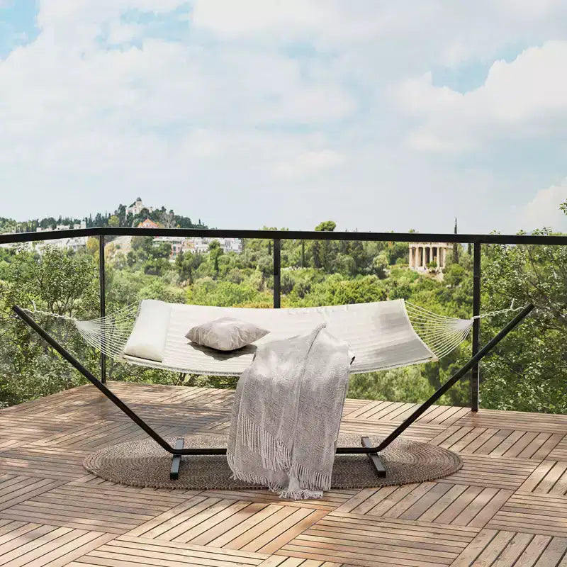 Hamac double avec support en acier peu encombrant, hamac en corde de coton 2 personnes avec oreiller et coussin rembourré, portable pour arrière-cour, patio, jardin