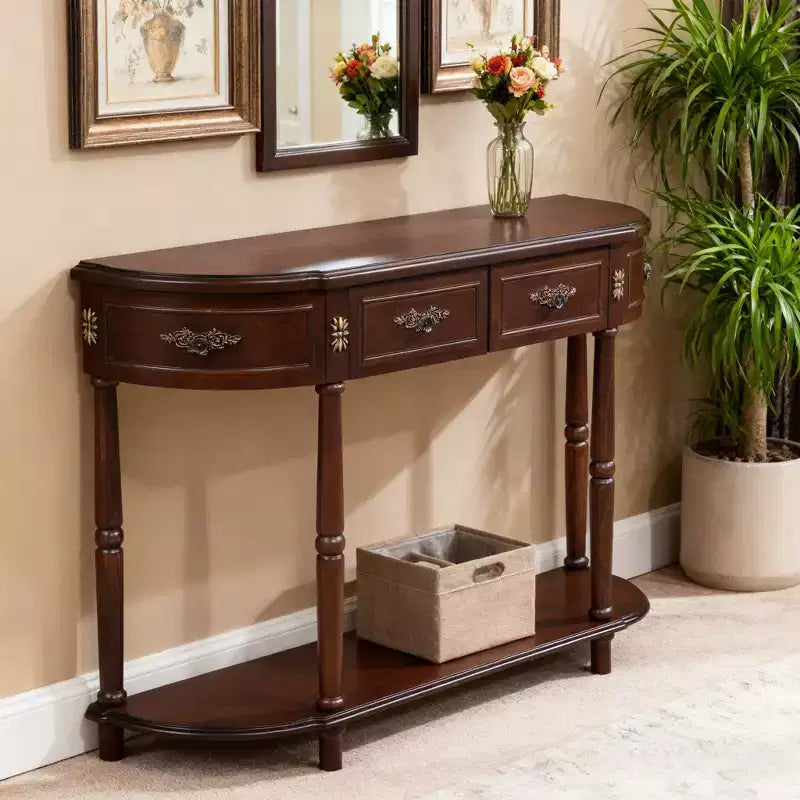 Console rectangulaire avec tiroirs et étagère inférieure pour entrée ou salon, marron