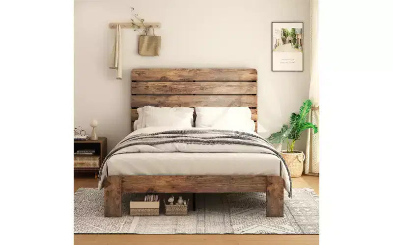 Cadre de lit Queen, Cadre de lit robuste Queen, Cadre de lit plateforme avec tête et pied de lit en bois, Silencieux, Pas besoin de sommier tapissier, Marron