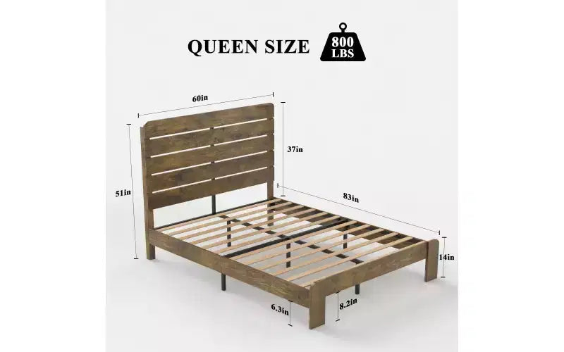 Cadre de lit Queen, Cadre de lit robuste Queen, Cadre de lit plateforme avec tête et pied de lit en bois, Silencieux, Pas besoin de sommier tapissier, Marron