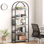 Bibliothèque 5 niveaux Étagère arquée Meuble de rangement haut Cadre métallique Étagère ouverte Grande bibliothèque noire pour chambre à coucher
