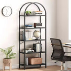 Bibliothèque 5 niveaux Étagère arquée Meuble de rangement haut Cadre métallique Étagère ouverte Grande bibliothèque noire pour chambre à coucher
