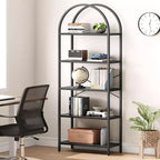 Bibliothèque 5 niveaux Étagère arquée Meuble de rangement haut Cadre métallique Étagère ouverte Grande bibliothèque noire pour chambre à coucher