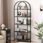 Bookshelf 5 Tier Bookcase Arched Display Racks Tall Standing Bookshelves Metal Frame Open Storage Rack Shelf Large Black Book Shelf for Bedroom