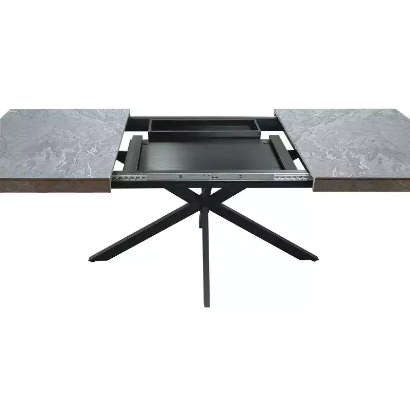 Table de salle à manger extensible rectangulaire rétro 70 pouces, Table pliante avec base en fer noir en croix, Table de dîner pour salle à manger