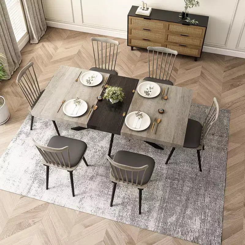 Table de salle à manger extensible rectangulaire rétro 70 pouces, Table pliante avec base en fer noir en croix, Table de dîner pour salle à manger