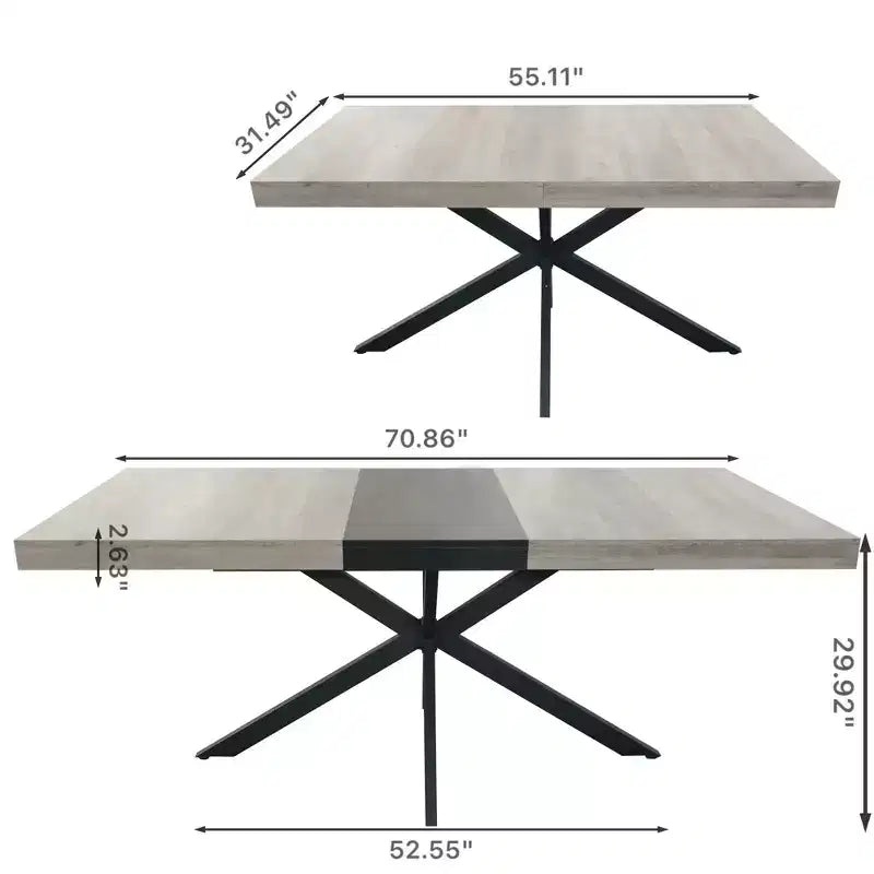 Table de salle à manger extensible rectangulaire rétro 70 pouces, Table pliante avec base en fer noir en croix, Table de dîner pour salle à manger