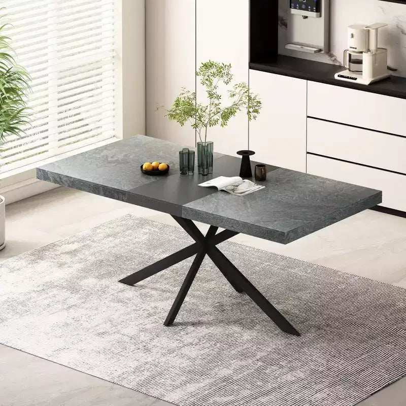 Table de salle à manger extensible rectangulaire rétro 70 pouces, Table pliante avec base en fer noir en croix, Table de dîner pour salle à manger