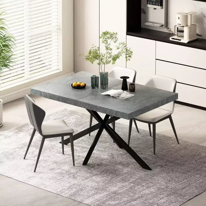 Table de salle à manger extensible rectangulaire rétro 70 pouces, Table pliante avec base en fer noir en croix, Table de dîner pour salle à manger