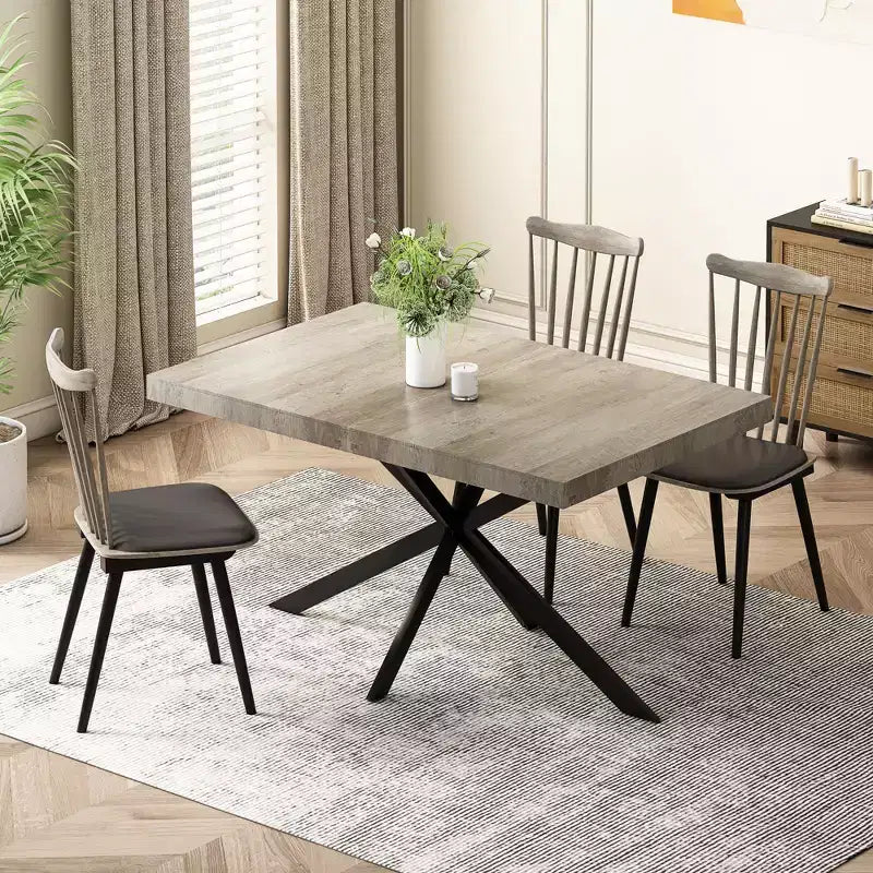Table de salle à manger extensible rectangulaire rétro 70 pouces, Table pliante avec base en fer noir en croix, Table de dîner pour salle à manger