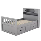 Cadre de lit plateforme simple Captain avec tête de lit bibliothèque de rangement et 4 tiroirs, cadre de lit simple en bois avec rangement pour chambre à coucher
