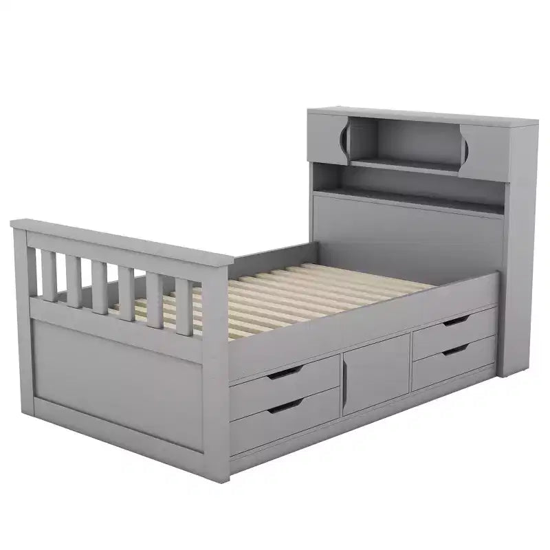 Cadre de lit plateforme simple Captain avec tête de lit bibliothèque de rangement et 4 tiroirs, cadre de lit simple en bois avec rangement pour chambre à coucher