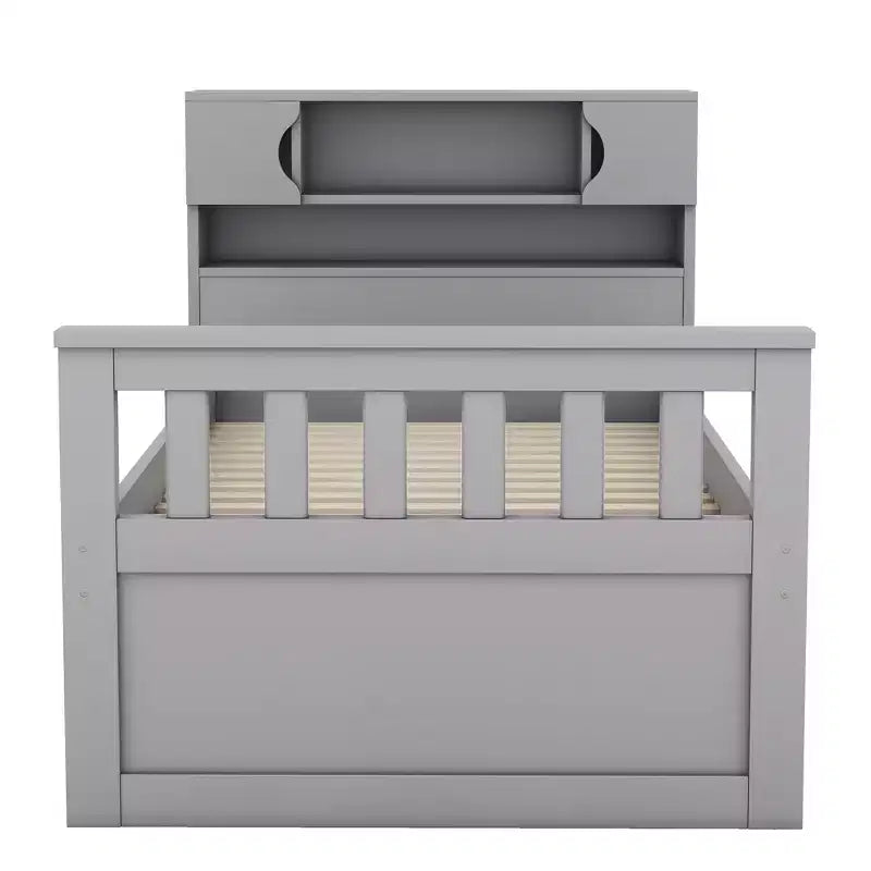 Cadre de lit plateforme simple Captain avec tête de lit bibliothèque de rangement et 4 tiroirs, cadre de lit simple en bois avec rangement pour chambre à coucher