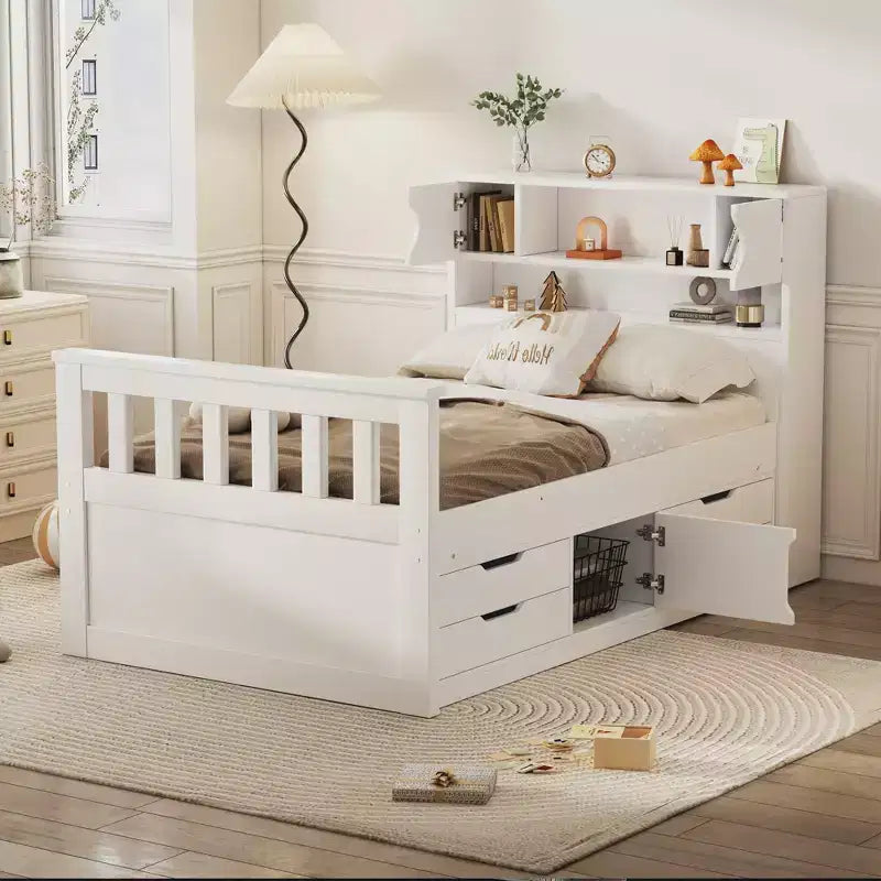 Cadre de lit plateforme simple Captain avec tête de lit bibliothèque de rangement et 4 tiroirs, cadre de lit simple en bois avec rangement pour chambre à coucher