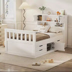 Cadre de lit plateforme simple Captain avec tête de lit bibliothèque de rangement et 4 tiroirs, cadre de lit simple en bois avec rangement pour chambre à coucher