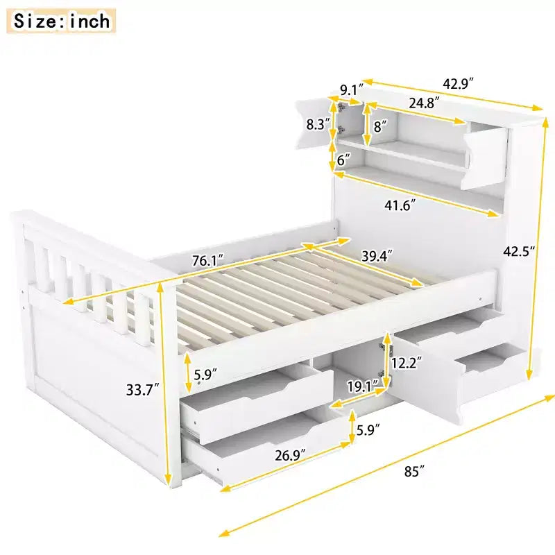 Cadre de lit plateforme simple Captain avec tête de lit bibliothèque de rangement et 4 tiroirs, cadre de lit simple en bois avec rangement pour chambre à coucher