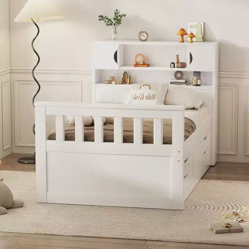 Cadre de lit plateforme simple Captain avec tête de lit bibliothèque de rangement et 4 tiroirs, cadre de lit simple en bois avec rangement pour chambre à coucher