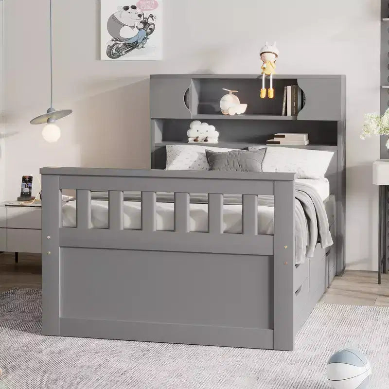 Cadre de lit plateforme simple Captain avec tête de lit bibliothèque de rangement et 4 tiroirs, cadre de lit simple en bois avec rangement pour chambre à coucher