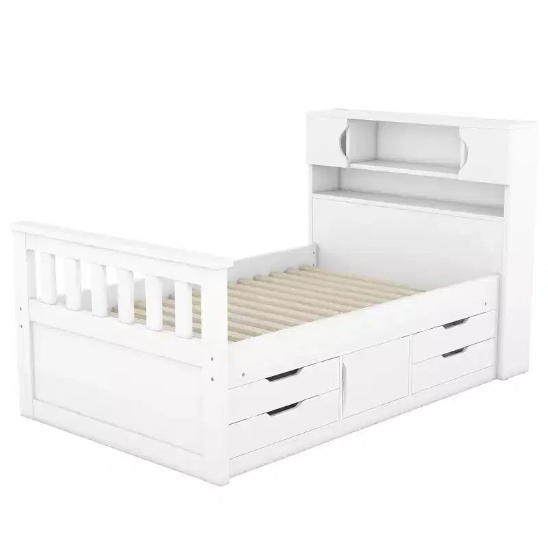 Cadre de lit plateforme simple Captain avec tête de lit bibliothèque de rangement et 4 tiroirs, cadre de lit simple en bois avec rangement pour chambre à coucher